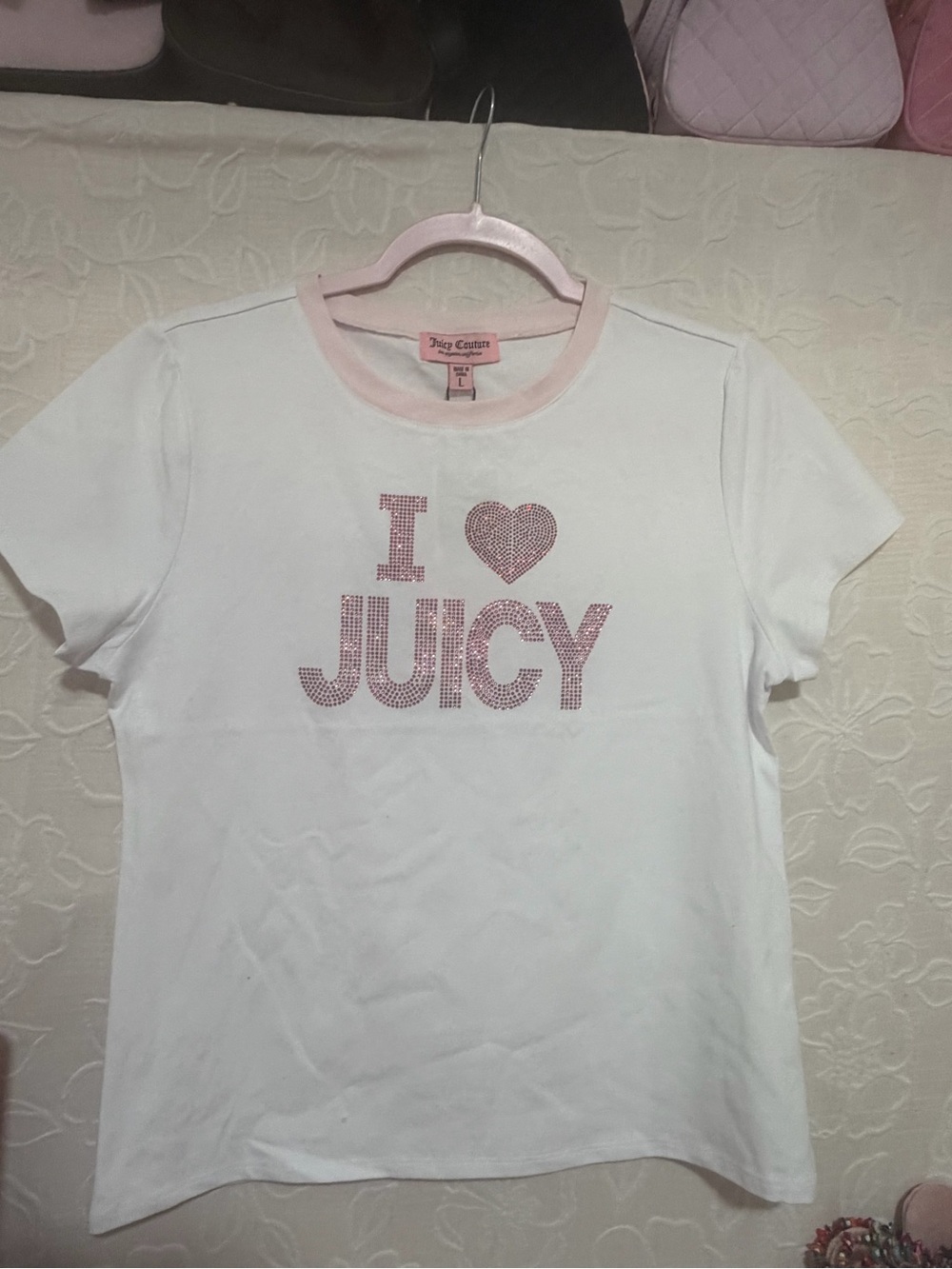 Juicy Couture White Tee with Pink Rhinestone 'I ♥ JUICY' NWT sz L